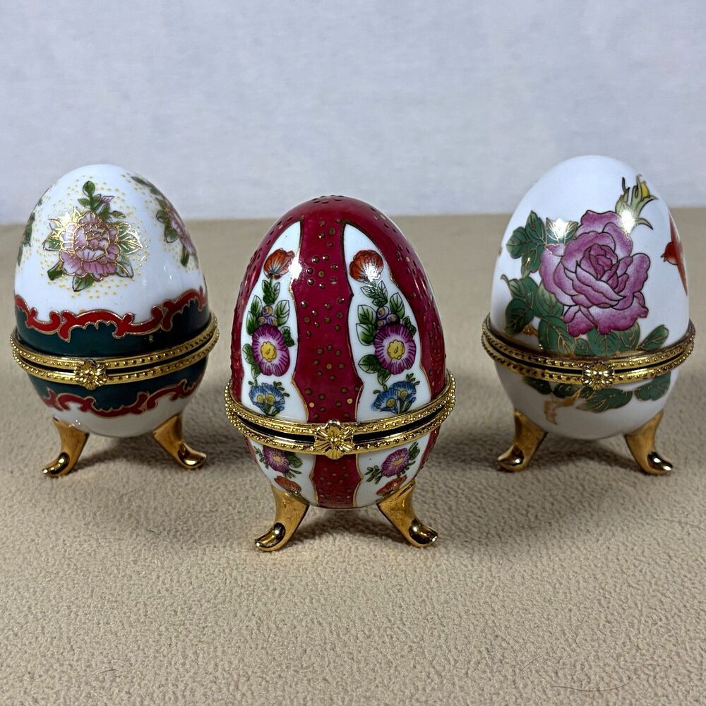Lot of 3 Hinged Porcelain Floral Egg Trinket Boxes w/ Gold Tone Feet